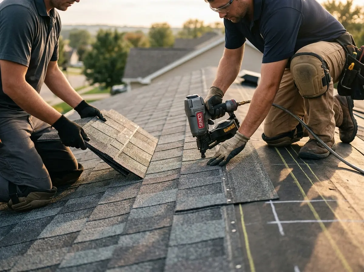 Professional roofer working on a residential roof in Long Grove